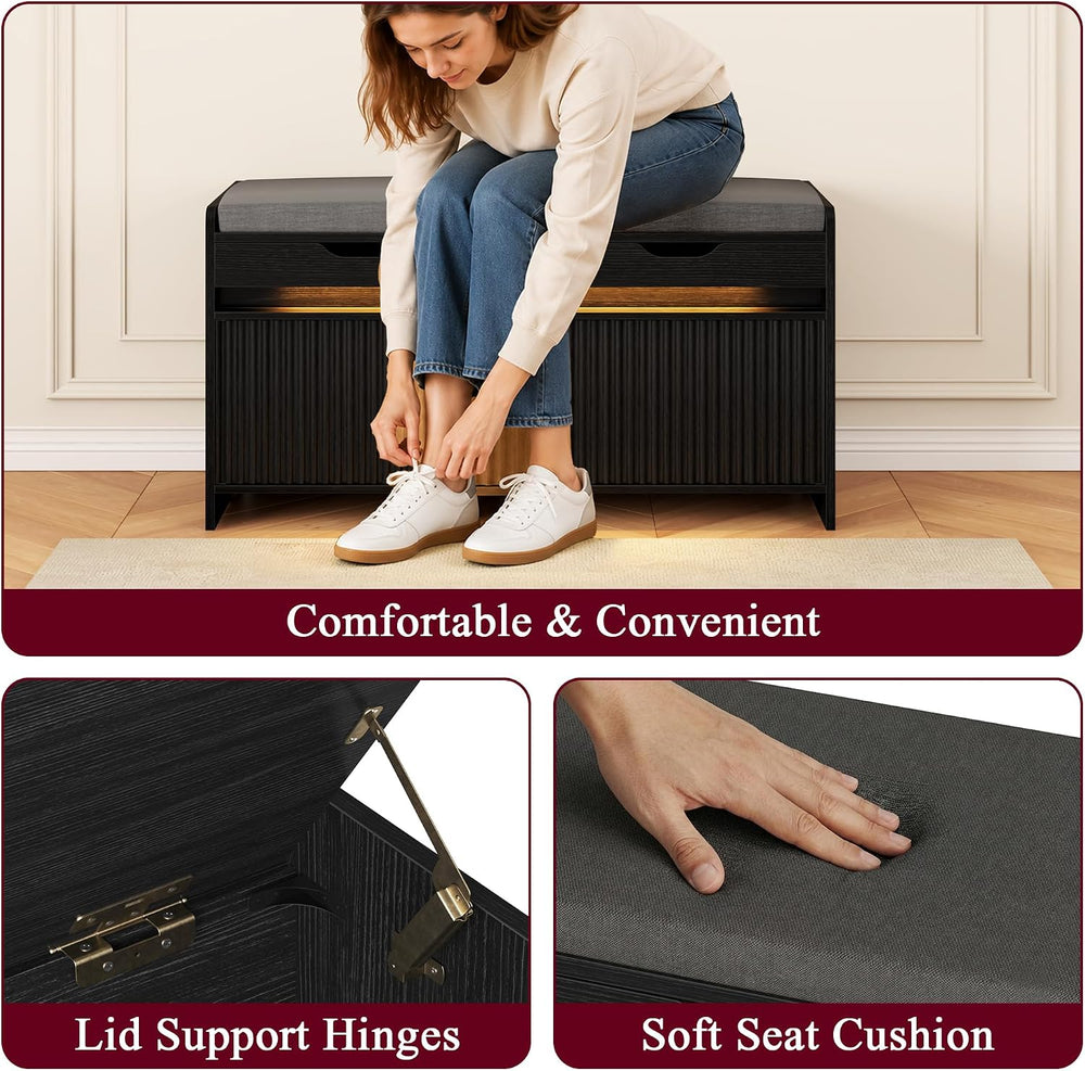 HOMEFORT Shoe Storage Bench, Modern Entryway Bench with Fluted Doors & Bu...