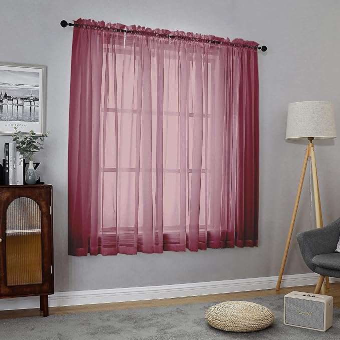 Chyhomenyc Burgundy Sheer Curtains 63 Inches Long 2 Panels Set, Light Filtering by Chyhomenyc