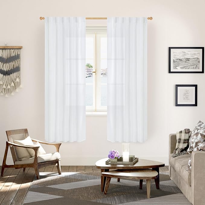 YoungsTex White Linen Semi Sheer Curtains 72 Inch Length 2 Panels - Image 2
