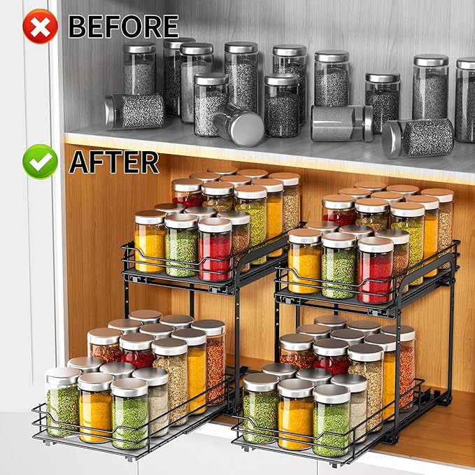 RCHYFEED Spice Rack, 2 Tier Pull out Cabinet Spice Organizer, Height Adjustable - Image 2