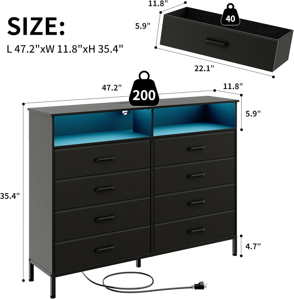 Dresser for Bedroom Black Bedroom LED Dresser 8 Fabric Drawers Dressers