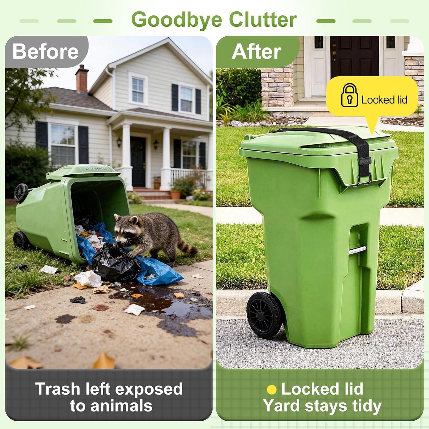 Heavy Metal Non-Slip Double Claw Trash Can Lid Lock, Adjustable Outdoor Garbage Can Lock, Windproof & Animal-Proof (Raccoons, Dogs, Bears), Universal Fit 28-96 Gallon Bins, Easy Install & Auto Release