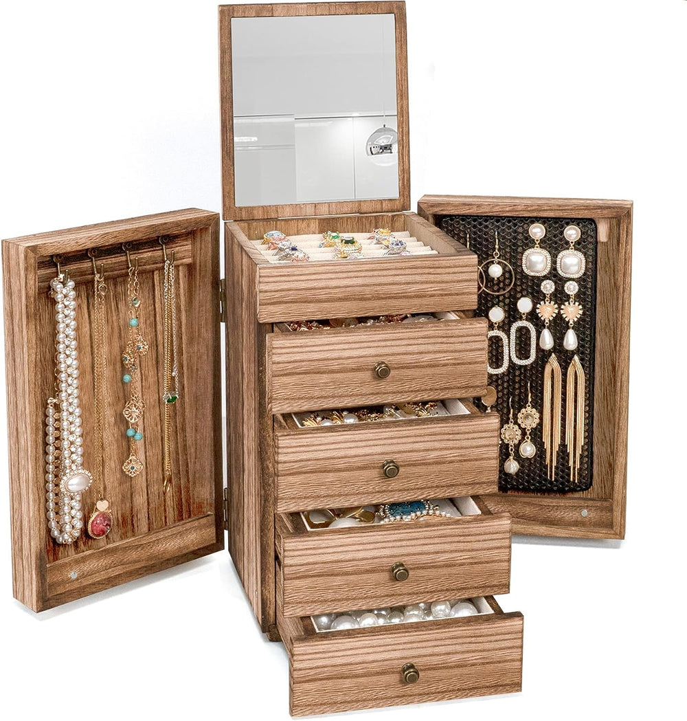 Meangood Jewelry Box Wood for Women, 5-Layer Large Organizer Box with Mirror ...