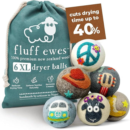 Fluff Ewes Wool Dryer Balls 6 Pack Premium New Zealand Wool Laundry Balls by HustleBlush
