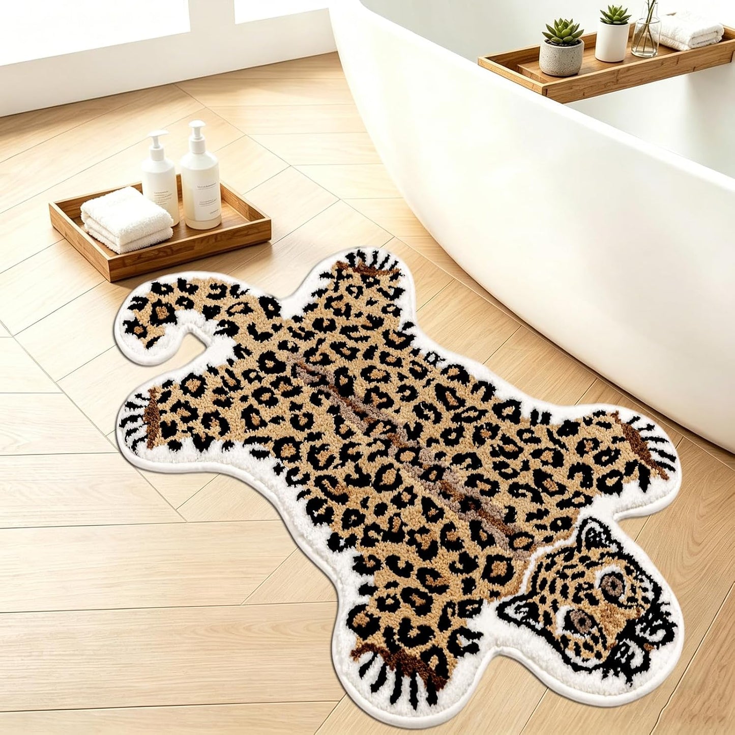 Seek4comfortable Brown Leopard Bath Mat for Bathroom, Cute Cheetah Shaped Rug Non Slip Animal Area Rugs Absorbent Bathtub Rug Washable Plush Shower Rugs, 24x40 Inch