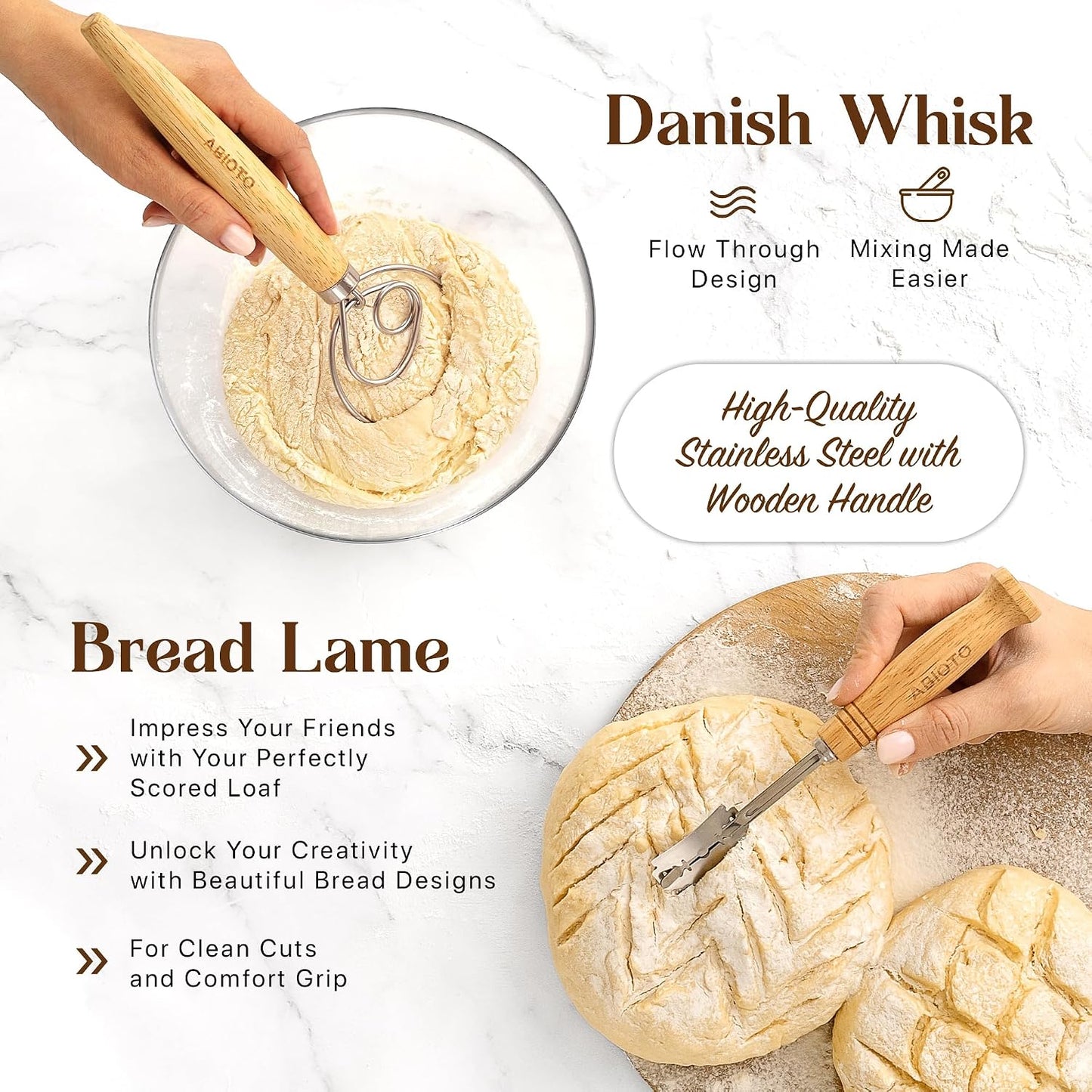 ABIOTO Banneton Baskets with Sourdough Bread Baking Supplies - 17-Piece Kit | Bread Baking Kit for Beginners - Round & Oval Sourdough Proofing Baskets, Liners, Slings, Mat, Lame, Danish Whisk, & Scrapers