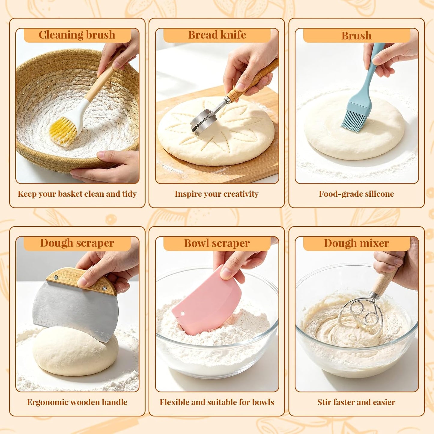 Sourdough Bread Baking Kit, Supplies with Round & Bread Proofing Basket, Starter Jar, Dough Whisk, Bread Lame, Dough Scraper, Storage Bag & Recipe Guide, Practical Baking for Home Baking Lovers