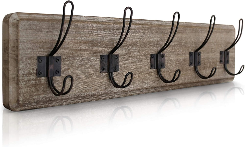 HBCY Creations Weathered Rustic Coat Rack Wall Mount with 5 Hooks, Solid Pine...
