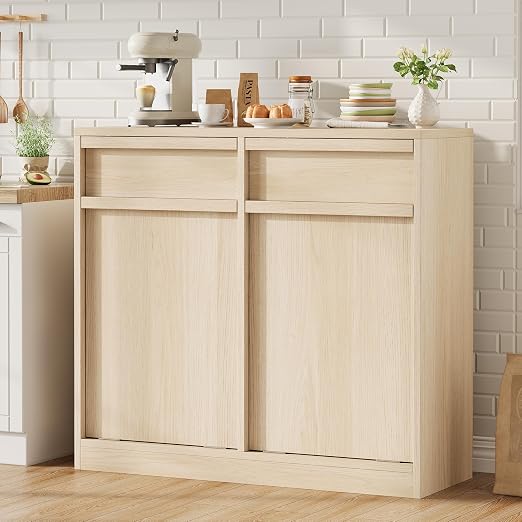 Double Tilt Out Trash Cabinet, Natural Wood Hidden Garbage Can Cabinet - Image 8