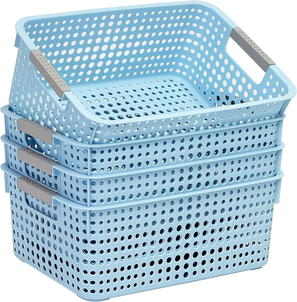 Soddeph 4-Pack Hollow Plastic Storage Baskets with Handles (Blue, Medium)
