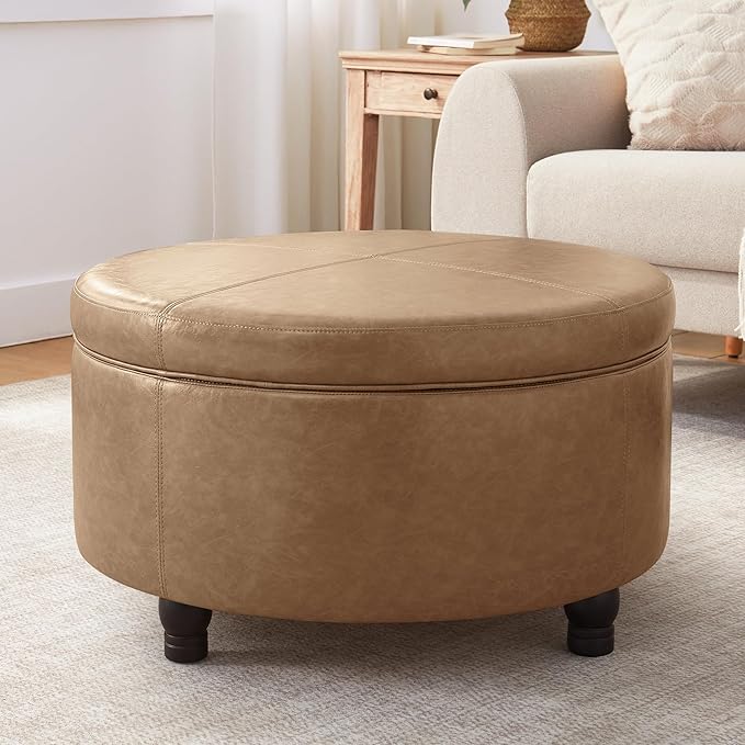 30-Inch Round Storage Ottoman, Modern Ottoman Coffee Table by Unknown