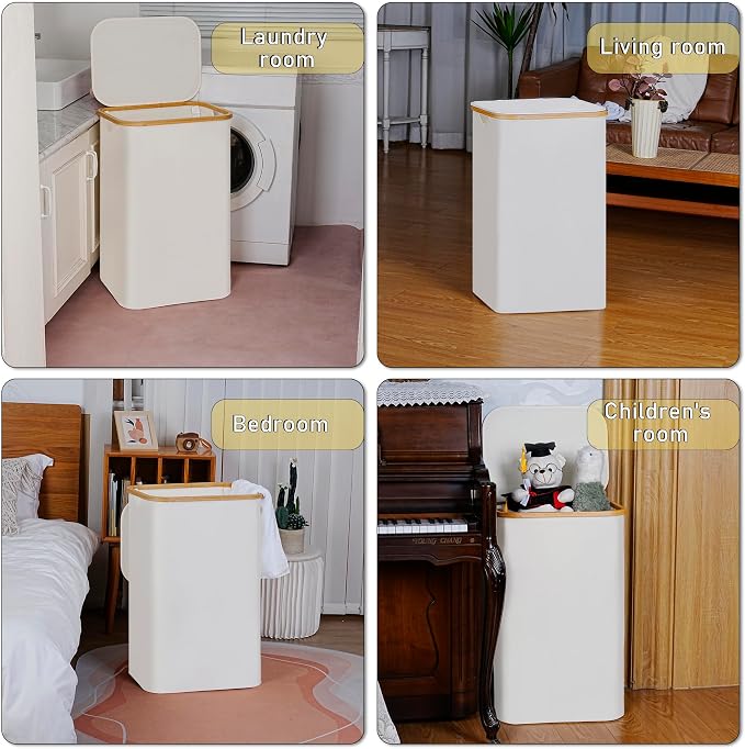 100L Laundry Hamper with Lid, Lagre Basket with Bamboo Handles, Foldable - Image 7