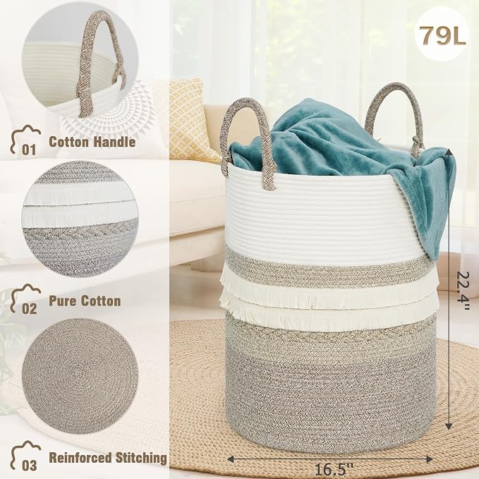 danpinera 79 L Large Laundry Basket, Tall Woven Cotton Storage Hamper - Image 2