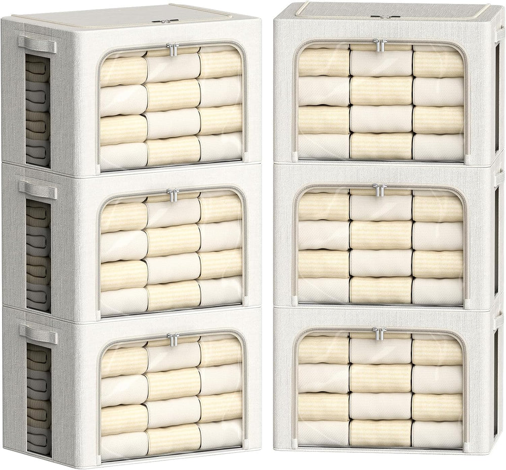 FHSQX 6 Pack Clothes Storage Bins with Metal Frame 100L Foldable Storage Bins...