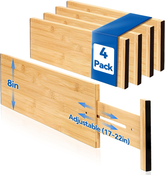 4 Pack 8" Deep Bamboo Drawer Dividers, 17-22" Expandable Kitchen Organizers