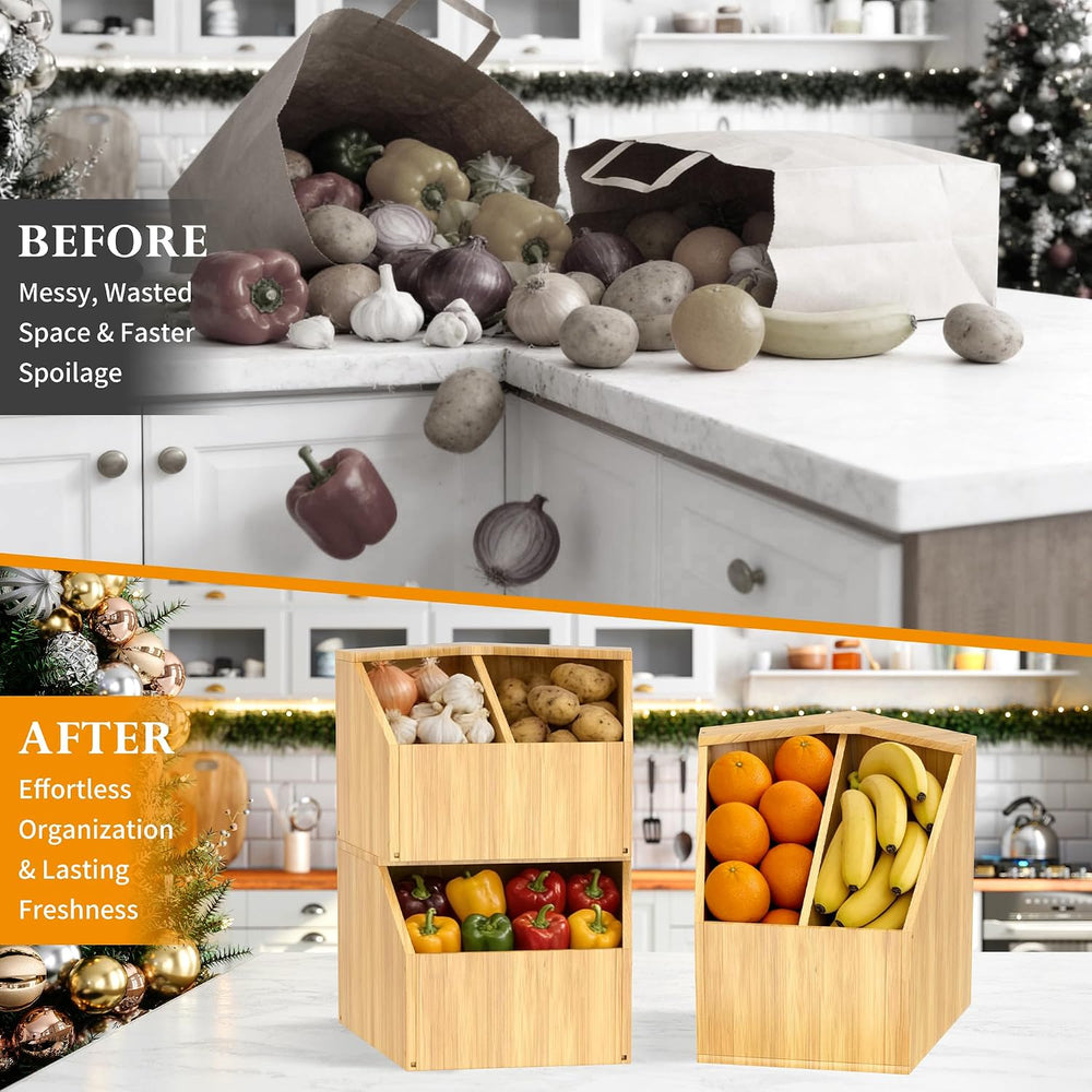 Jolitac Bamboo Pantry Storage Bins - Potato & Onion Storage Bin for Kitchen
