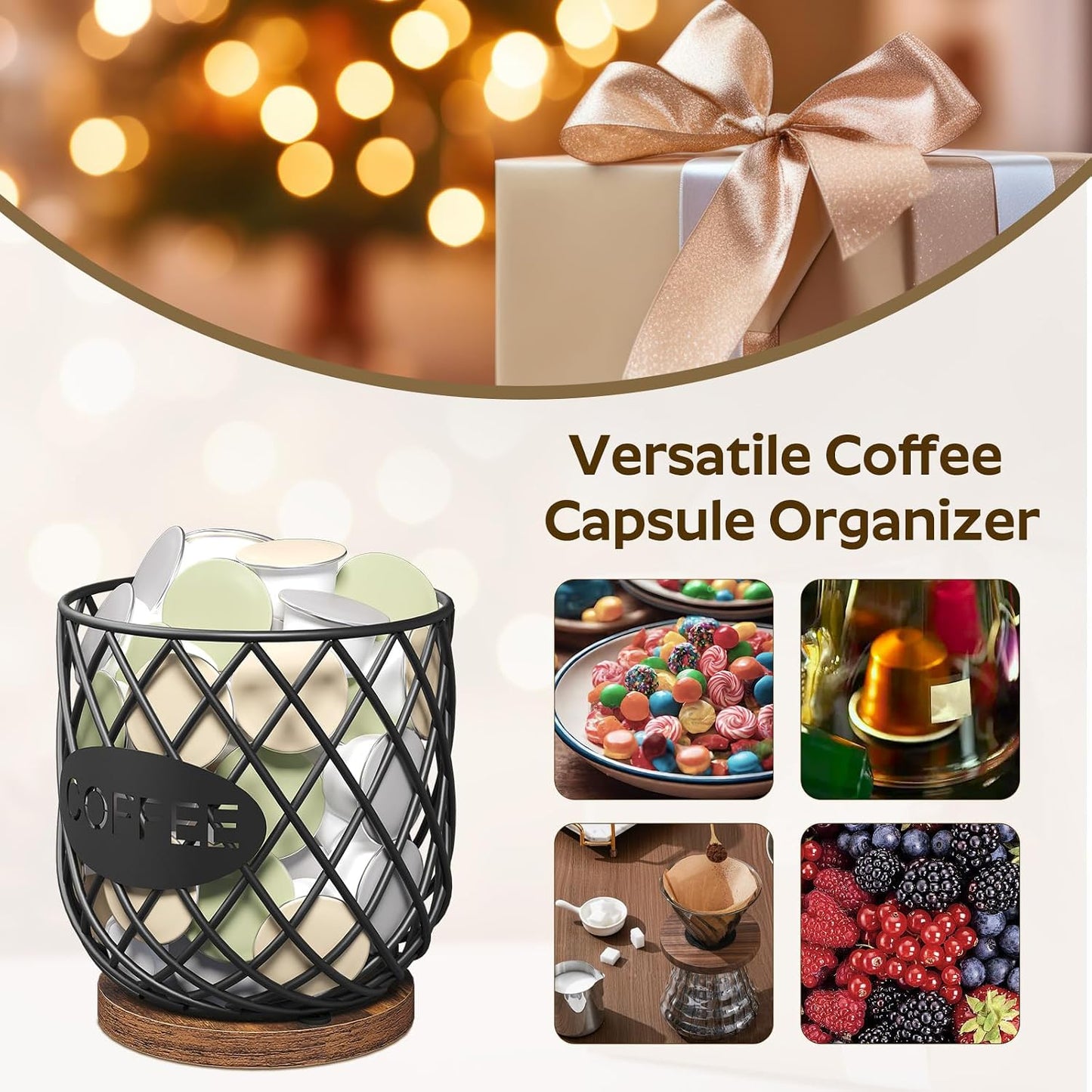 Coffee Pod Holder Organizer, Holder for K Cup, Large Capacity Coffee Pod Basket, Versatile Coffee Capsule Storage Organizer, for Kitchen Countertop, Rustic Brown KH09BR