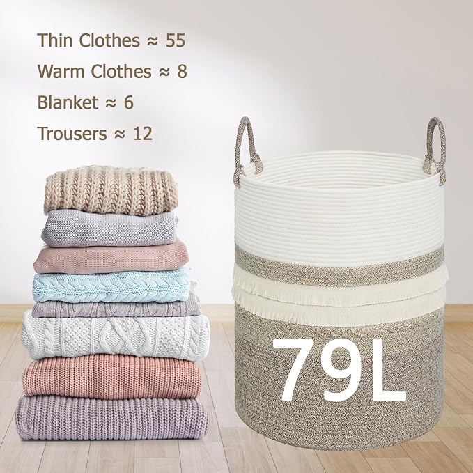 danpinera 79 L Large Laundry Basket, Tall Woven Cotton Storage Hamper - Image 3