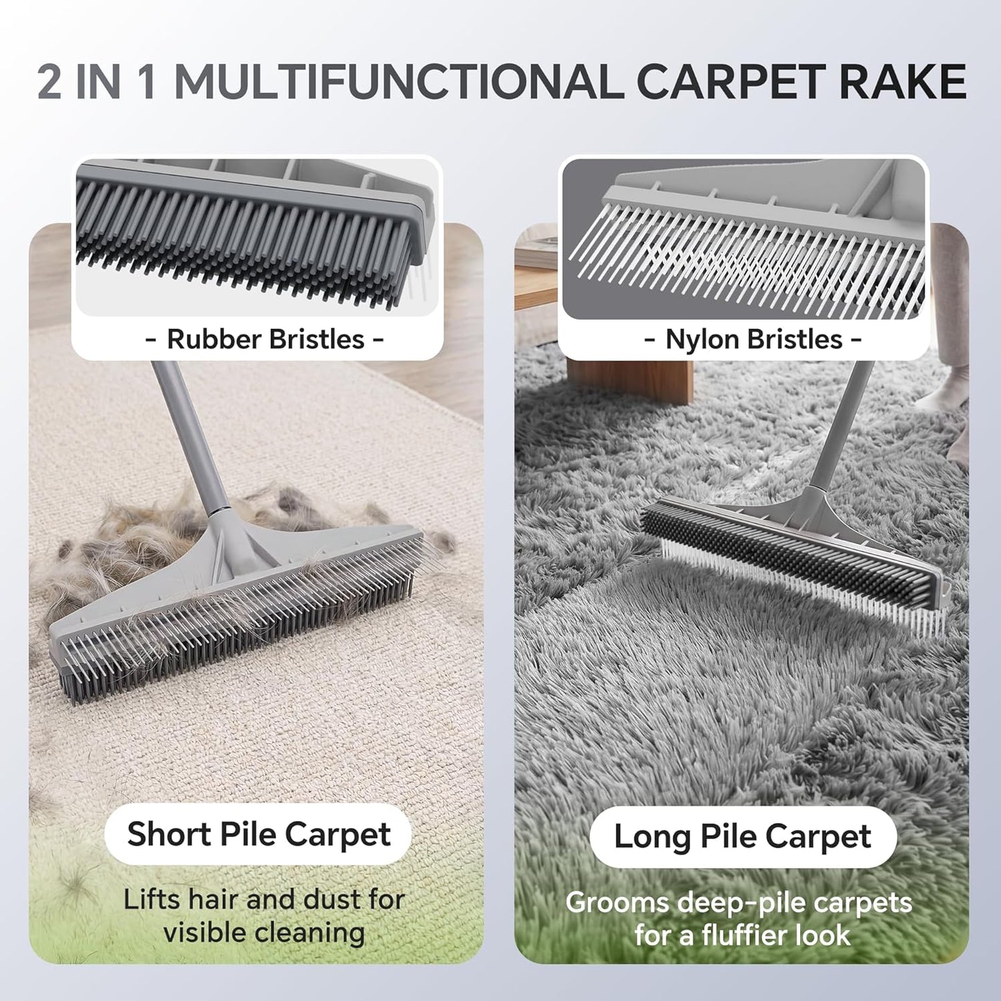 Walensee Carpet Rake for Pet Hair Removal, 2 in 1 Rug Rake to Fluff Carpet with Nylon Groomer Brush, Adjustable Long Handle for Shag Rugs, Stairs, Mats and Floors, Rubber Broom