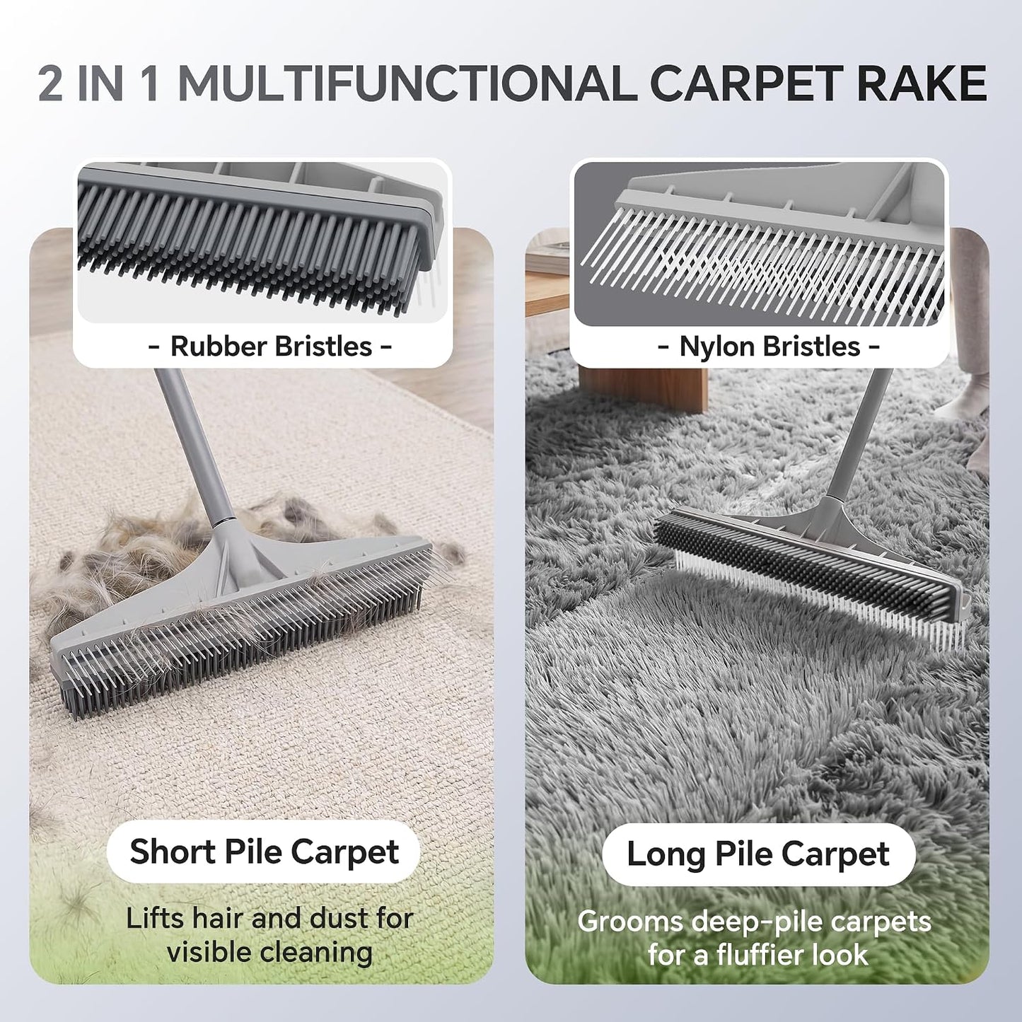 Walensee Carpet Rake for Pet Hair Removal, 2 in 1 Rug Rake to Fluff Carpet with Nylon Groomer Brush, Adjustable Long Handle for Shag Rugs, Stairs, Mats and Floors, Rubber Broom