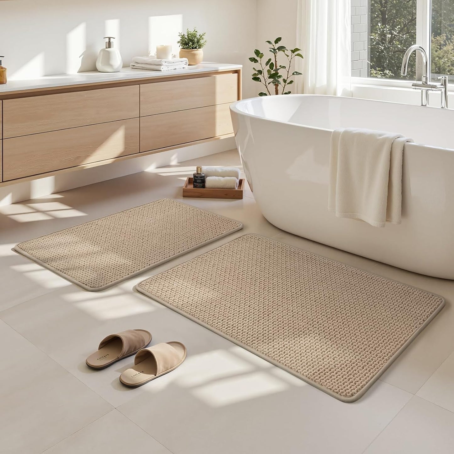 HOMEIDEAS Bathroom Rugs Set 2 Piece, Ultra Thin Non-Slip Bath Mats Rubber Backed, Chenille Absorbent Quick Dry Mats for Shower & Vanity, Low Profile Fits Under Door (Beige, 32"x20"+24"x17")