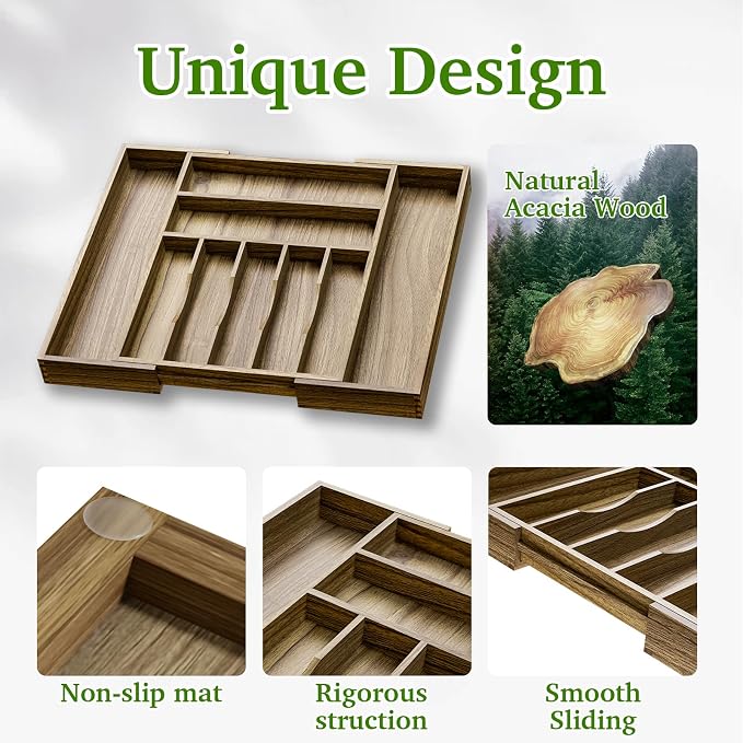 Acacia Wood Kitchen Silverware Drawer Organizer, Expandable Utensil Cutlery - Image 5
