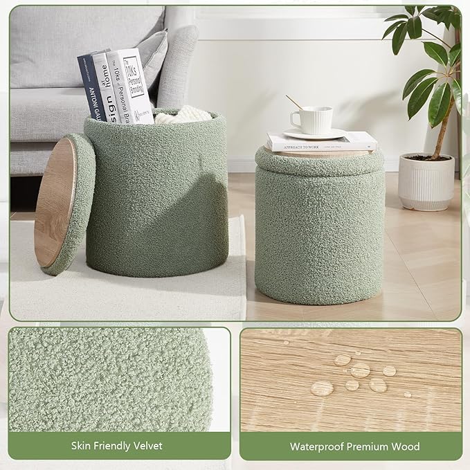 Boucle Round Ottoman with Storage Set of 2, Small Foot Stool Ottoman - Image 6