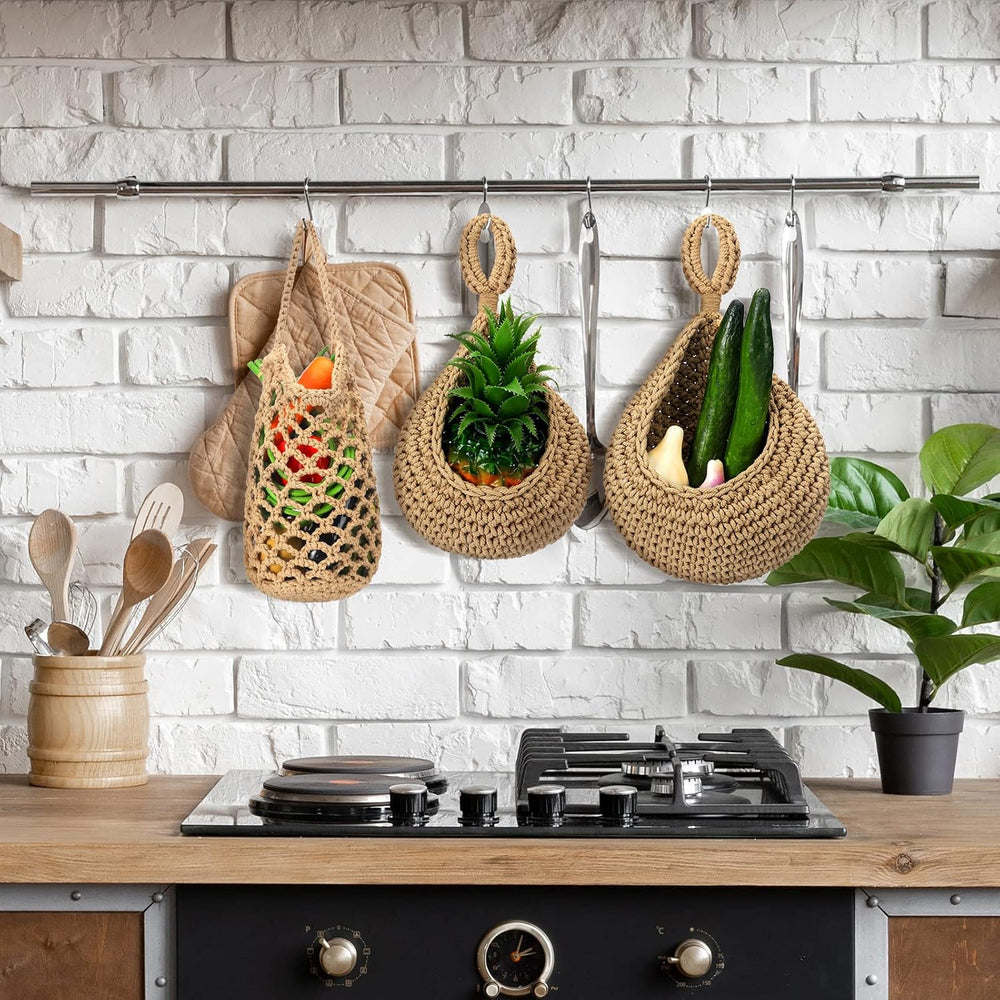 9 Pcs Jute Fruit Hanging Baskets for Kitchen, Boho Woven Wall Baskets, Produc...