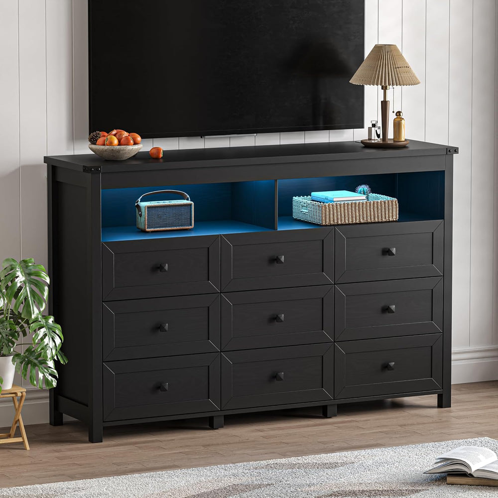 Xixini Dresser for Bedroom with 9 Drawers, LED Lights, Power Outlet, Black