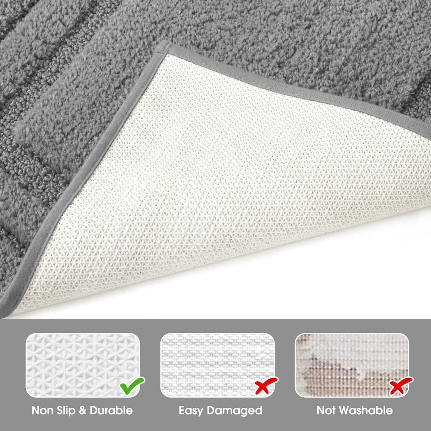 HOMEIDEAS Bathroom Rugs Sets 2 Piece, Super Soft and Absorbent Non Slip Microfiber Machine Washable Bath Mat Set (20" x 32" + 16" x 24", Grey)