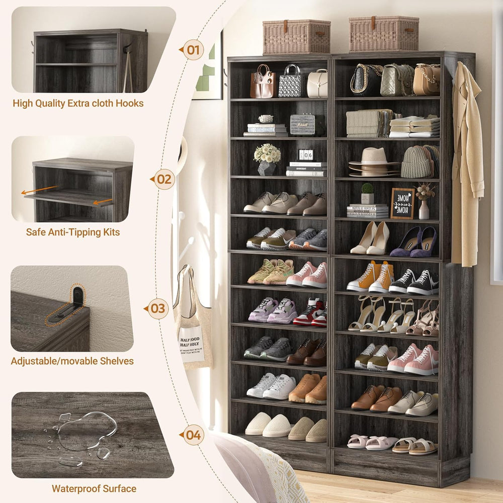 Aheaplus 10 Tiers Narrow Shoe Cabinet Set of 2, 35.4" Tall Wood Shoe Rac...