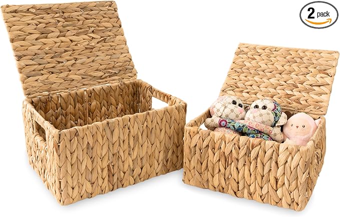 Wicker Storage Baskets with Lid, Set 2 Basket With Lid Decorative Storage by KOLWOVEN