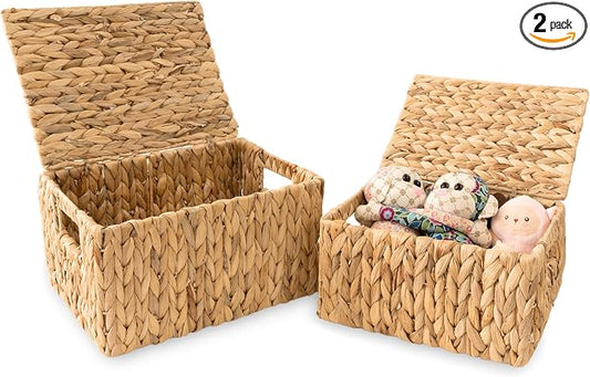 Wicker Storage Baskets with Lid, Set 2 Basket With Lid Decorative Storage by KOLWOVEN