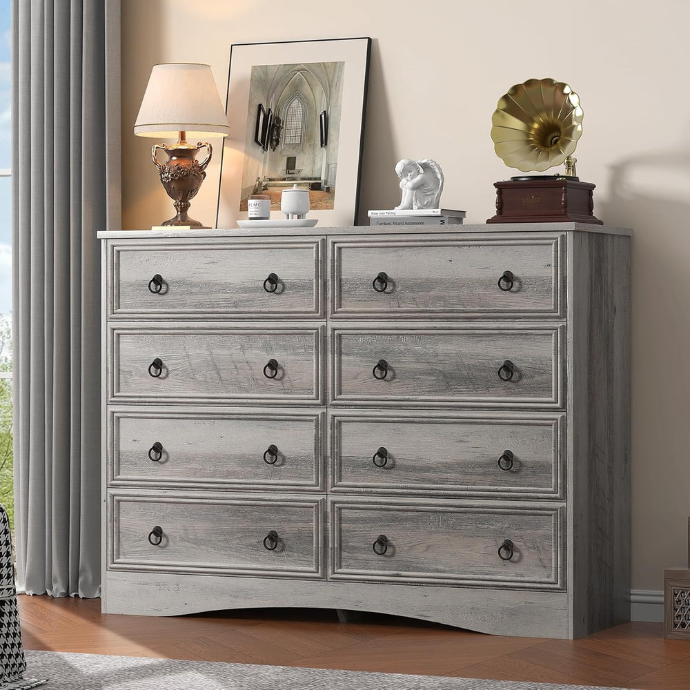 VVFLU Grey 8 Drawer Dresser for Bedroom, Wood Chest of Drawers, Large Storage...