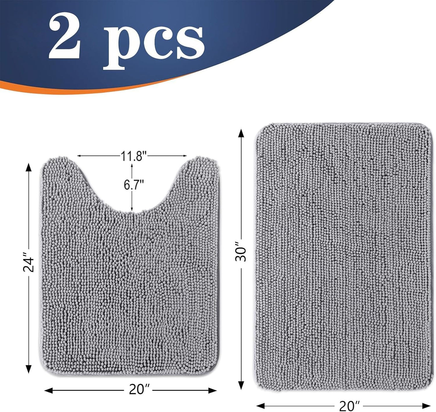OLANLY Bathroom Rugs Sets 2 Piece, Soft Absorbent Chenille Bath Mats and U-Shaped Contour Toilet Mat Area Rug Set, Machine Washable Bath Carpet, Home Decor Accessories (30"x20"+24"x20", Grey)