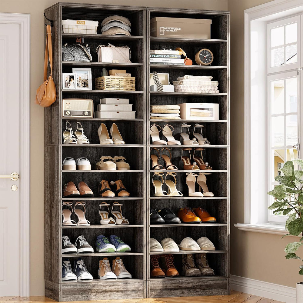Aheaplus 10 Tiers Narrow Shoe Cabinet Set of 2, 35.4" Tall Wood Shoe Rac...