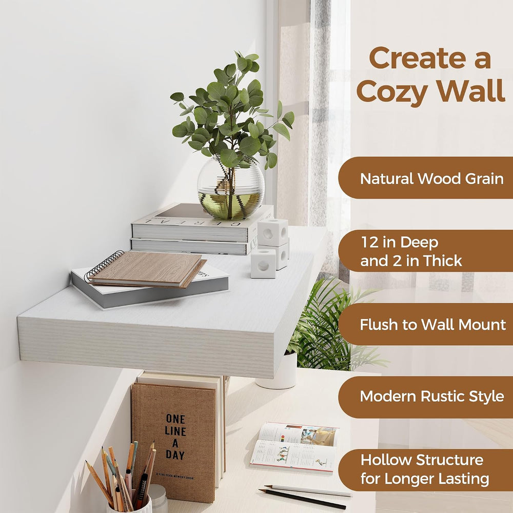 12 Inch Deep White Floating Shelves, 24 x 12 Floating Shelf for Books, Rustic...