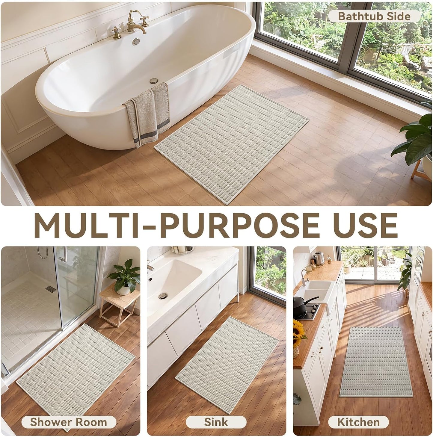 Non-Slip Bath Mat with Rubber Backing, Washable Thin Bath Mats for Bathroom Floor, Absorbent Bathroom Rugs, Quick Dry, Fits Under Door Beige 16x24