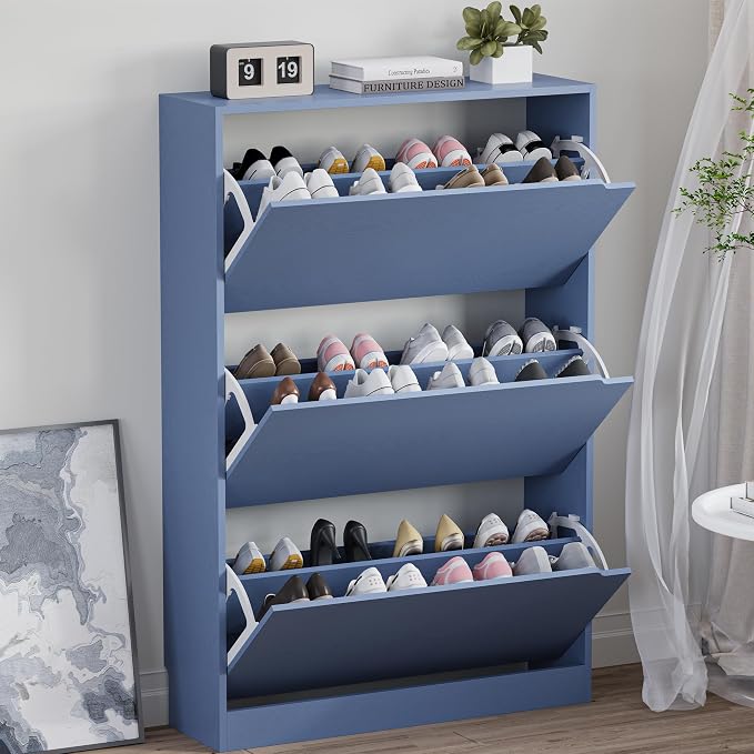 Shoe Cabinet with 3 Flip Drawers, Hidden Wood Shoe Cabinet, Freestanding Shoe by BORNOON