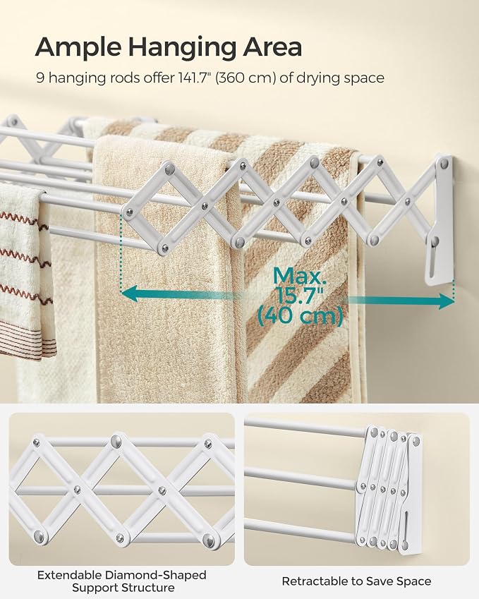 SONGMICS Clothes Drying Rack, Wall-Mounted Drying Rack Clothing, Small - Image 4