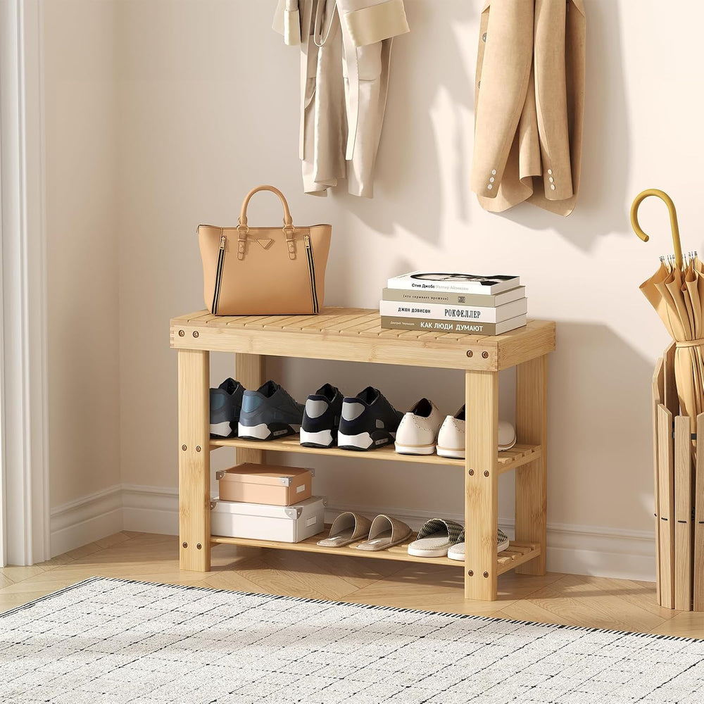 NEWBULIG Shoe Rack Bench, 3-Tier Bamboo Organizer, 11x28x18in, Wood