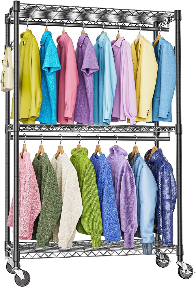 Heavy Duty Rolling Garment Rack 3 Tiers Adjustable Wire Shelving Clothes Rack by MEIGAOPLASTICANDMETALHKCOLIMITED
