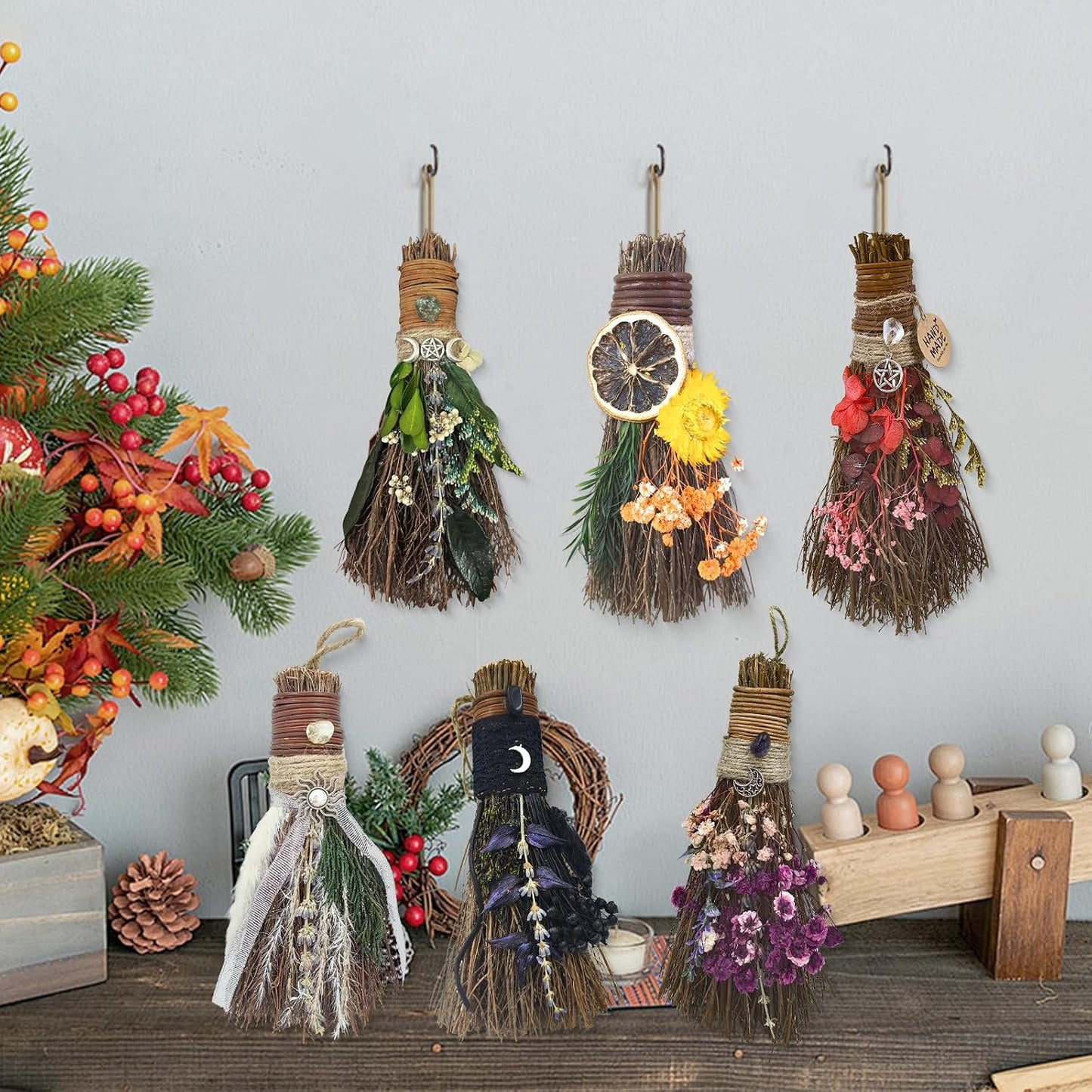 Cinnamon Broom 7.5 Inch Mini Fall Floral Cinnamon Broomstick | Fall Decor Handmade Witch Broom Scented Natural Herbal Protection for Altar Fall Flowers Home Wall Porch Decoration