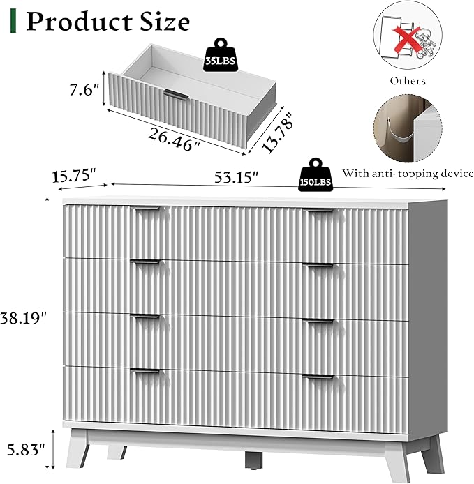 Fluted Dresser with 8 Drawers, Wooden Dresser TV Stand, Wood Closet Clothes - Image 2