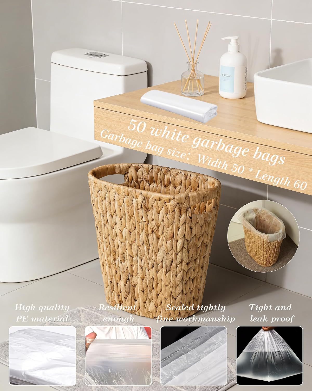2-Pack Slim Water Hyacinth Trash Can Wicker Waste Basket with Handles | Handwoven water hyacinth over an iron frame with wood handles. Slim oval shape fits bathrooms & offices. Rustic boho decor