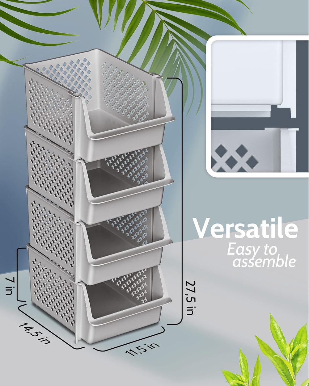 Stackable Storage Bins Open Front for Pantry Storage, 4 Pack - Light Grey