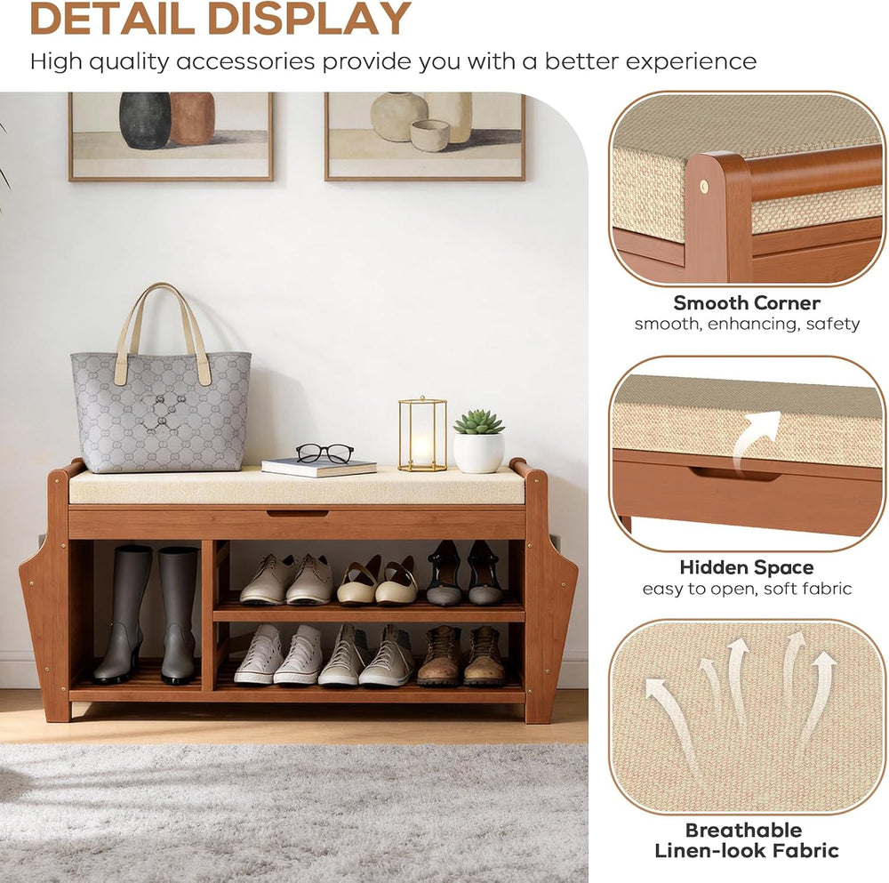 39.4in Shoe Bench with 2 Holder, 3 Tier Bamboo Entryway Bench with Storage