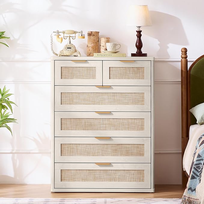 LEYAOYAO White Dresser for Bedroom Set of 2, Modern 6 Drawers Boho Rattan - Image 8