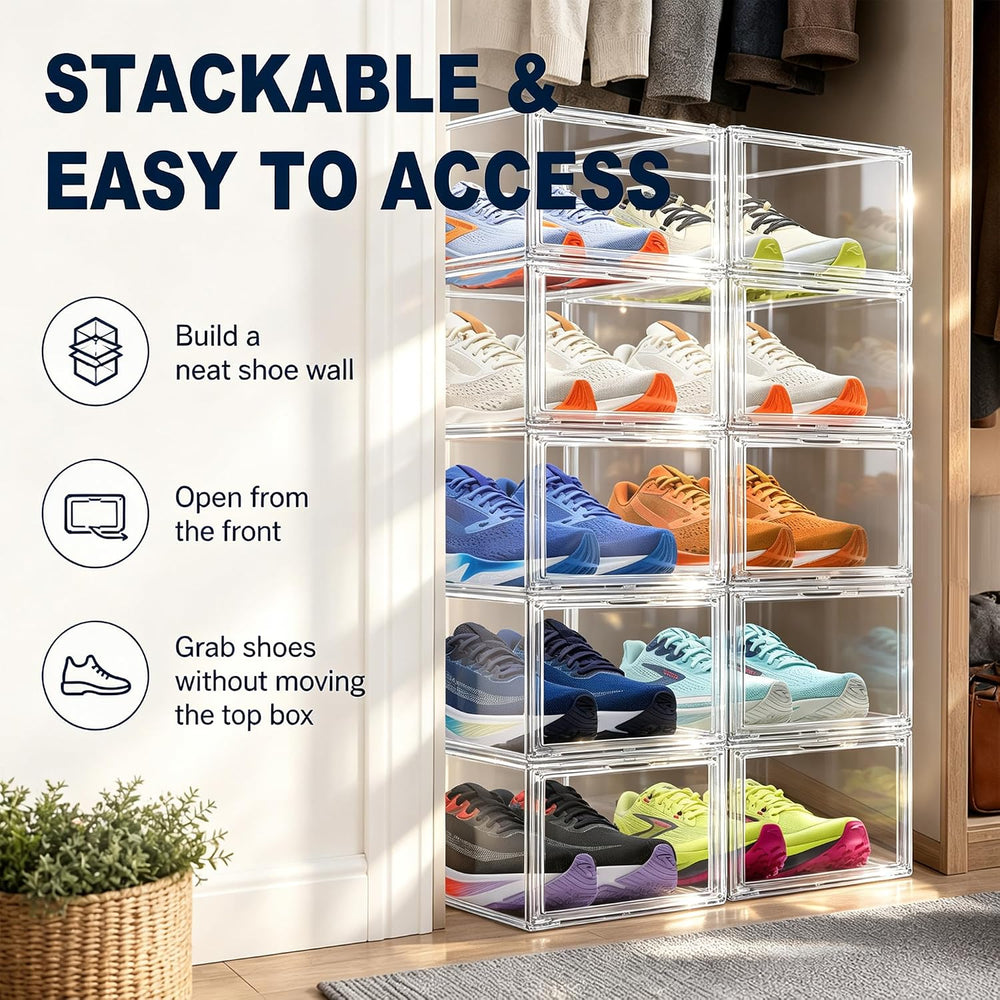 12 Pack Clear Acrylic Shoe Boxes Fit Size 12, Front Door for Small Closets