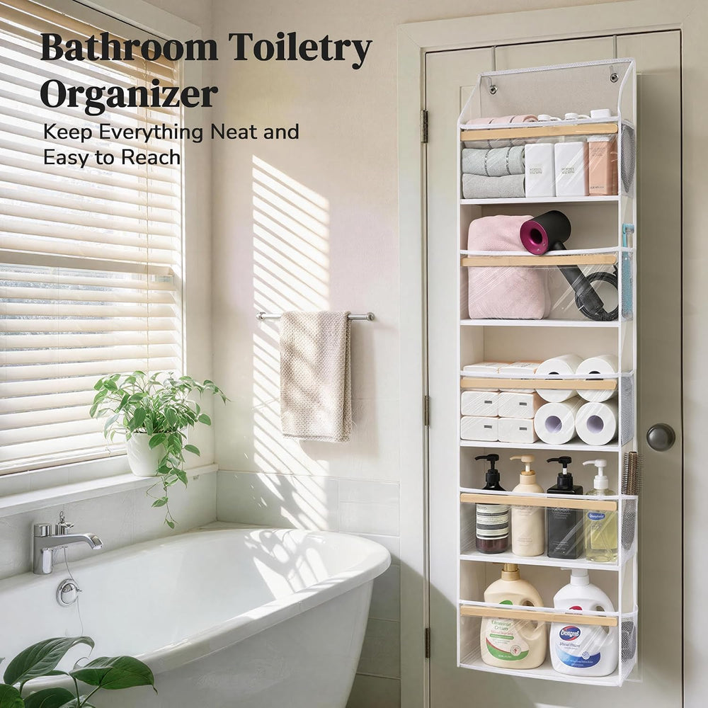 Eco-Bamboo Slim Over The Door Organizer, Narrow 5-Tier Storage,2 Pack
